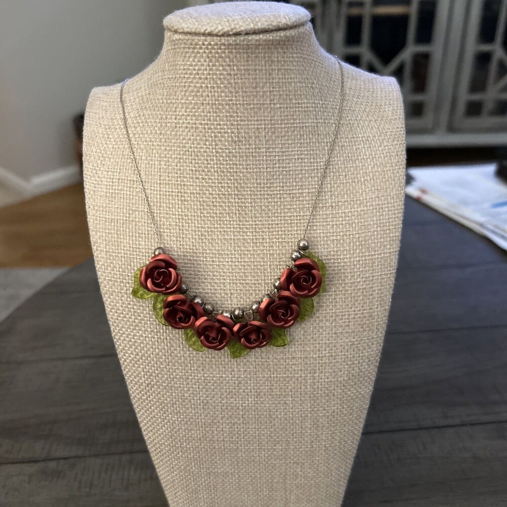 Vintage Macy’s Necklace Red Enamel Roses On A 16” Silver Chain